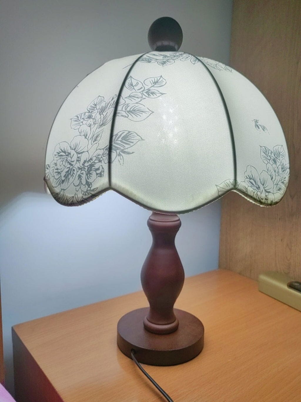 Customer photo review of Walnut Wood Table Lamp, Pleated White Shade, Tapered Base
