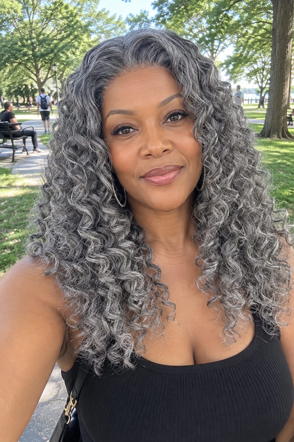 Customer photo review of Luvwin Salt & Pepper Loose Wave Curly Wig Glueless Gray Color 100% Human Hair