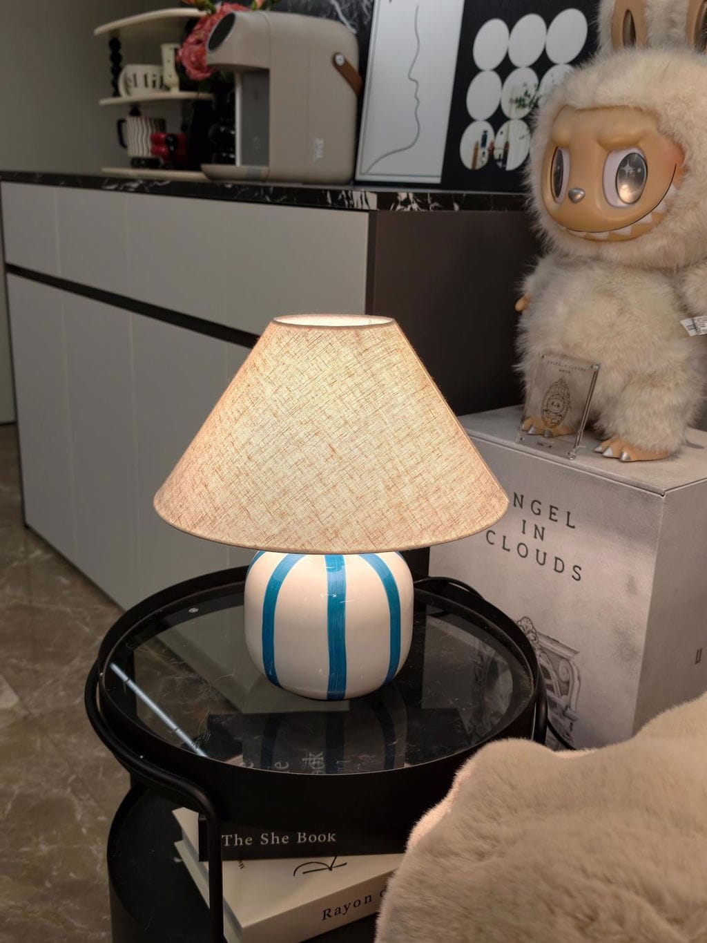 Customer photo review of Striped Ceramic Table Lamp, White Linen Shade, Plug In, 32 cm