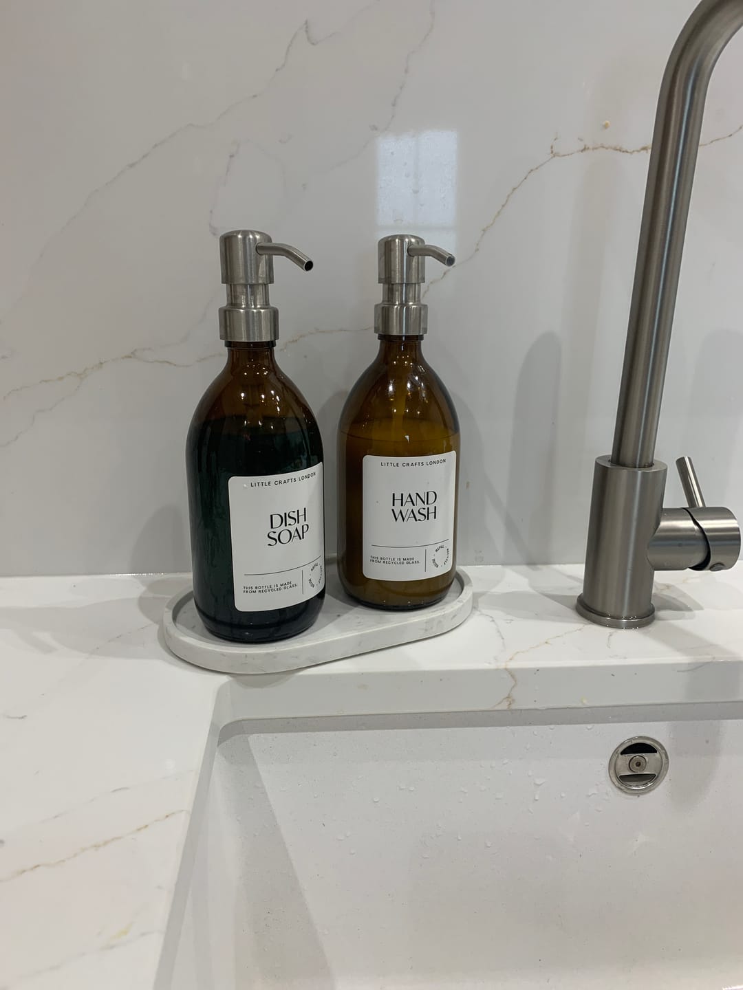 Customer photo review of Set of 2 Amber Glass Bottle 500 ML with Metal Pump & Small Tray