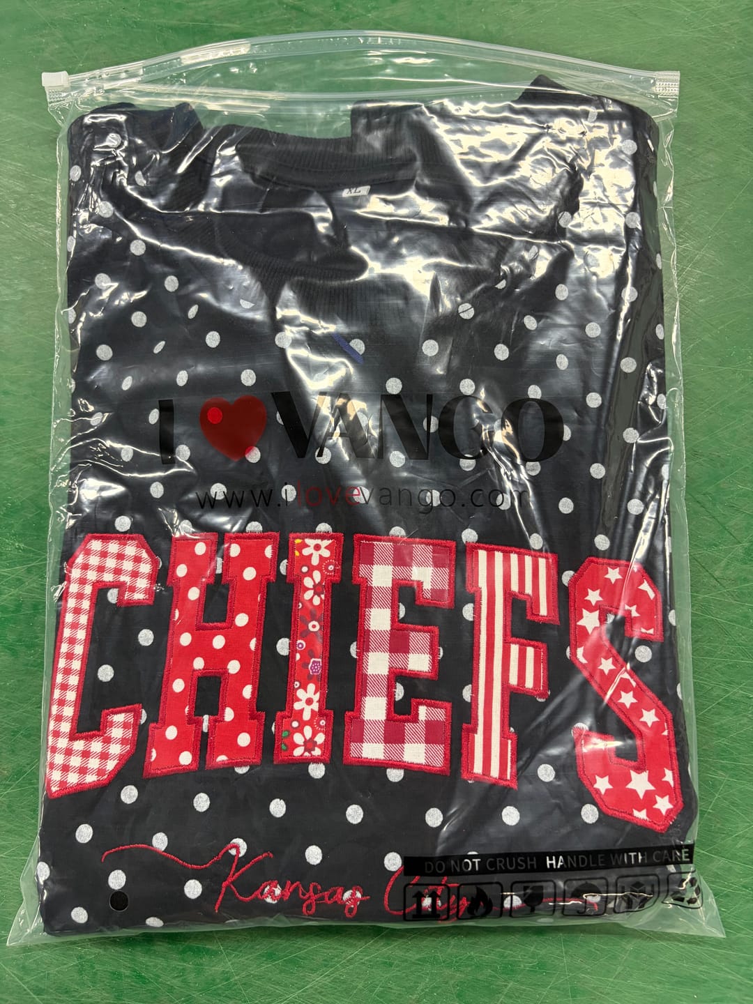 Customer photo review of Custom Patchwork Fabric Embroidered Polka Dot Sweatshirt Team and School Name Applique Varsity Letters | Game Day Wear