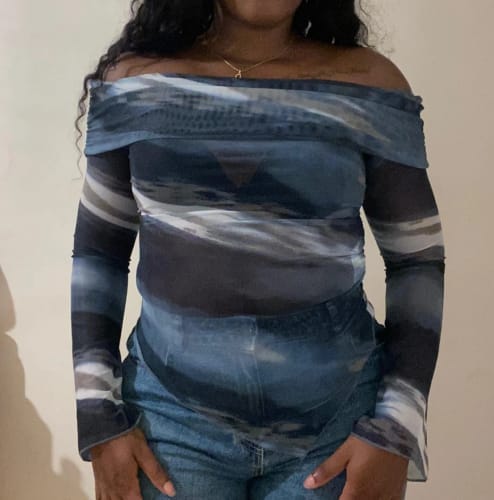 Customer photo review of Ninonine "Lyra" | Abstract Midnight Off-Shoulder Asymmetrical Top