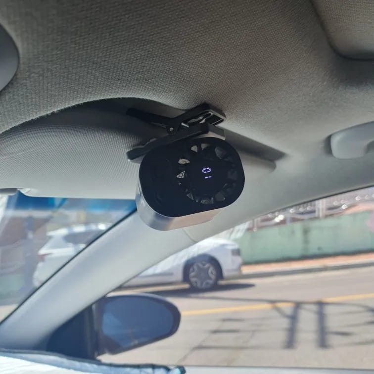 Customer photo review of Clip-On Golf Cart Fan, Rechargeable Mini Fan with 100 Speeds