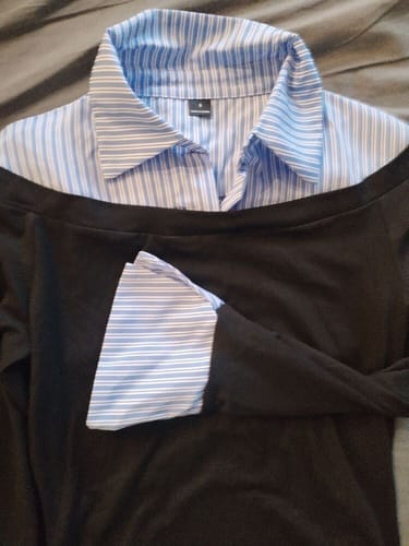 Customer photo review of Ninonine "Geneva" | Layered Two-Tone Polo Knit Top