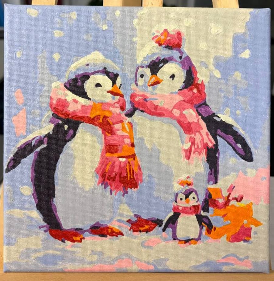 Customer photo review of Mini Peinture par Numéros 20x20cm avec cadre Famille de Pingouins sous la Neige