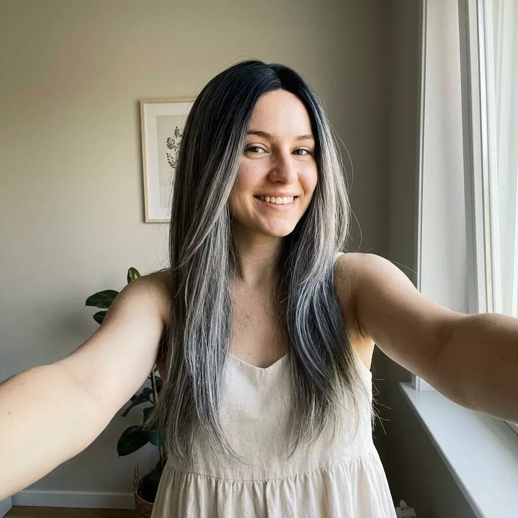 Customer photo review of Virgin Hair Flat Weft Hair Extensions Balayage Hair #1b/silver/1b