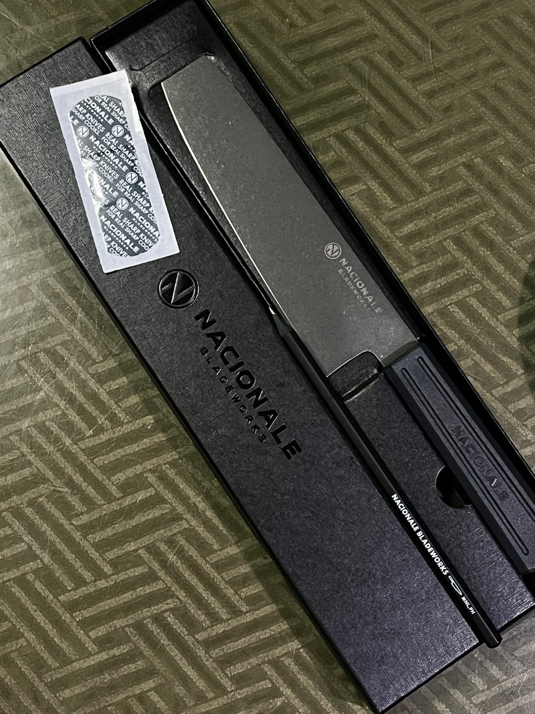 Customer photo review of 185mm Gyuto. Black Stonewashed AUS8. Black Recycled Plastic Skateboard Material Handle