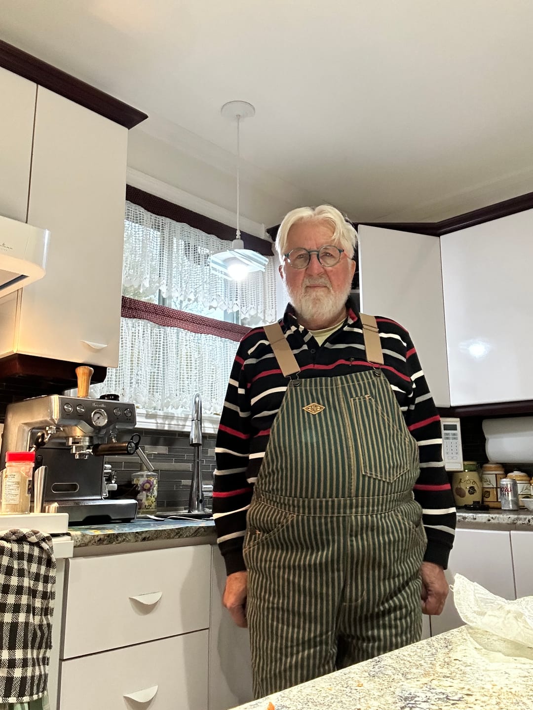Customer photo review of “STAY TRUE” Embroidered Patch Two-Tone Striped Overalls