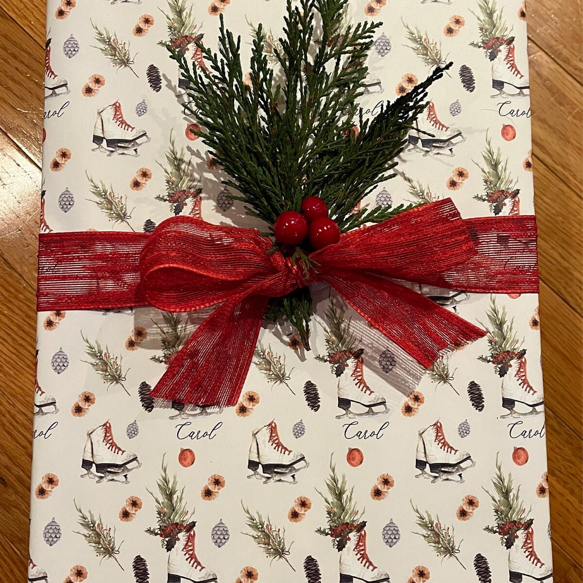 Customer photo review of Personalized Ice Skates Christmas Wrapping Paper