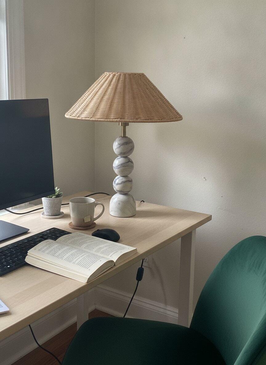 Customer photo review of Marble Table Lamp, Woven Rattan Shade, Stacked White Base