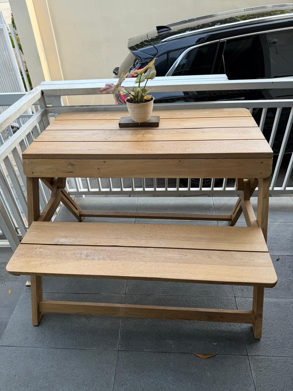 Customer photo review of Foldable Outdoor Table with Built-In Bench — Quality Reclaimed Teak Wood