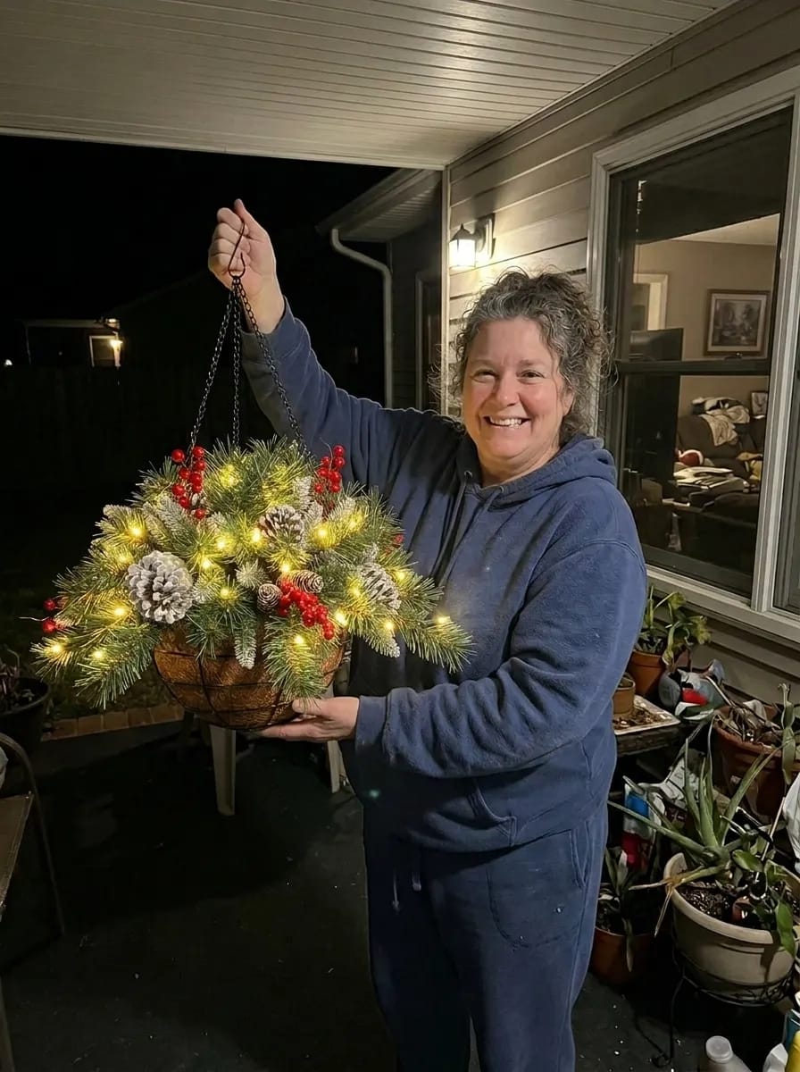 Customer photo review of 🎄 50% OFF Today | ✨ Pre-Lit Christmas Hanging Basket | 🌿 Get Your Porch Ready Early