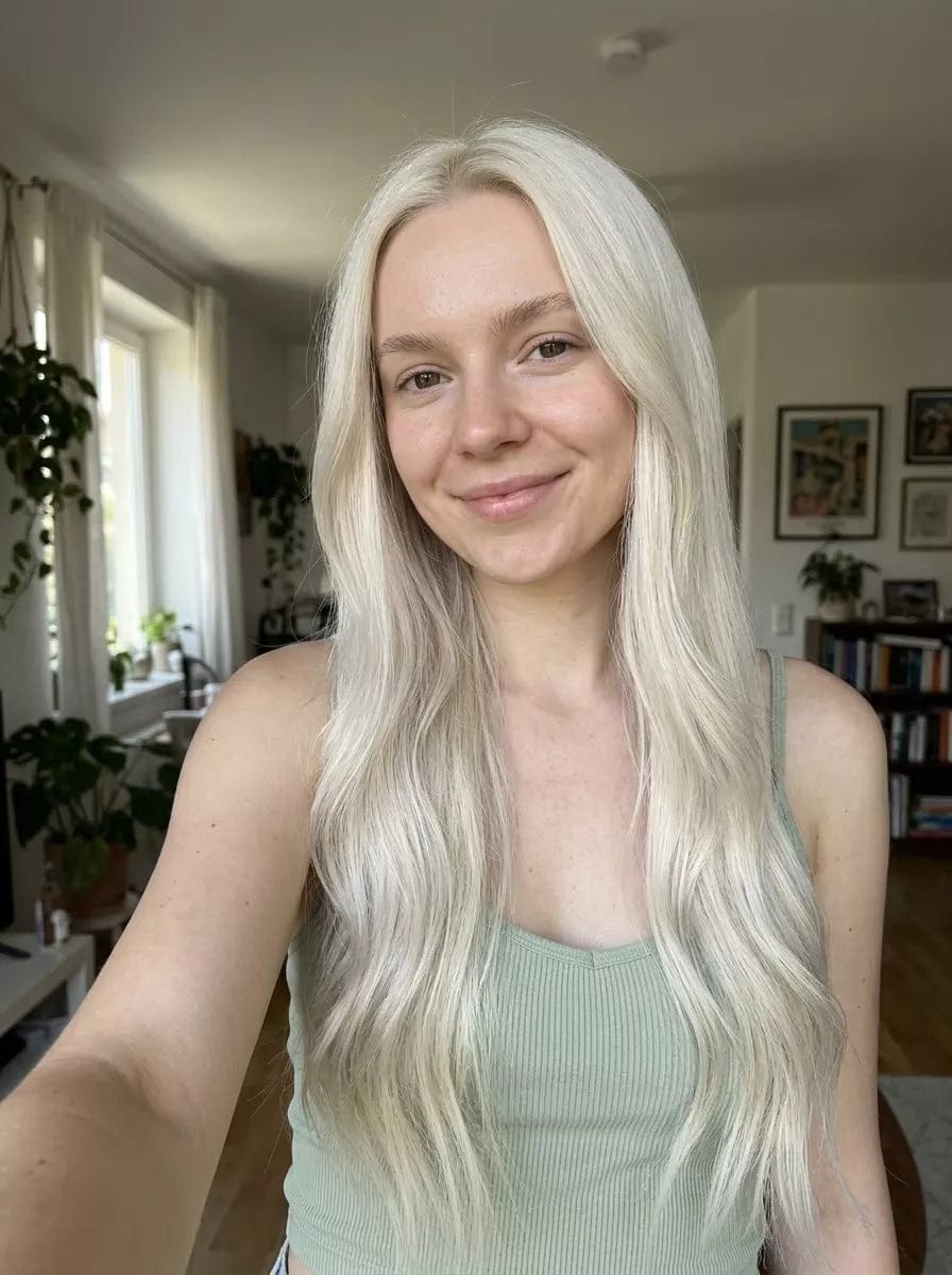 Customer photo review of Flat Weft Hair Extensions Virgin Weft Extension Whitest Blonde #1000