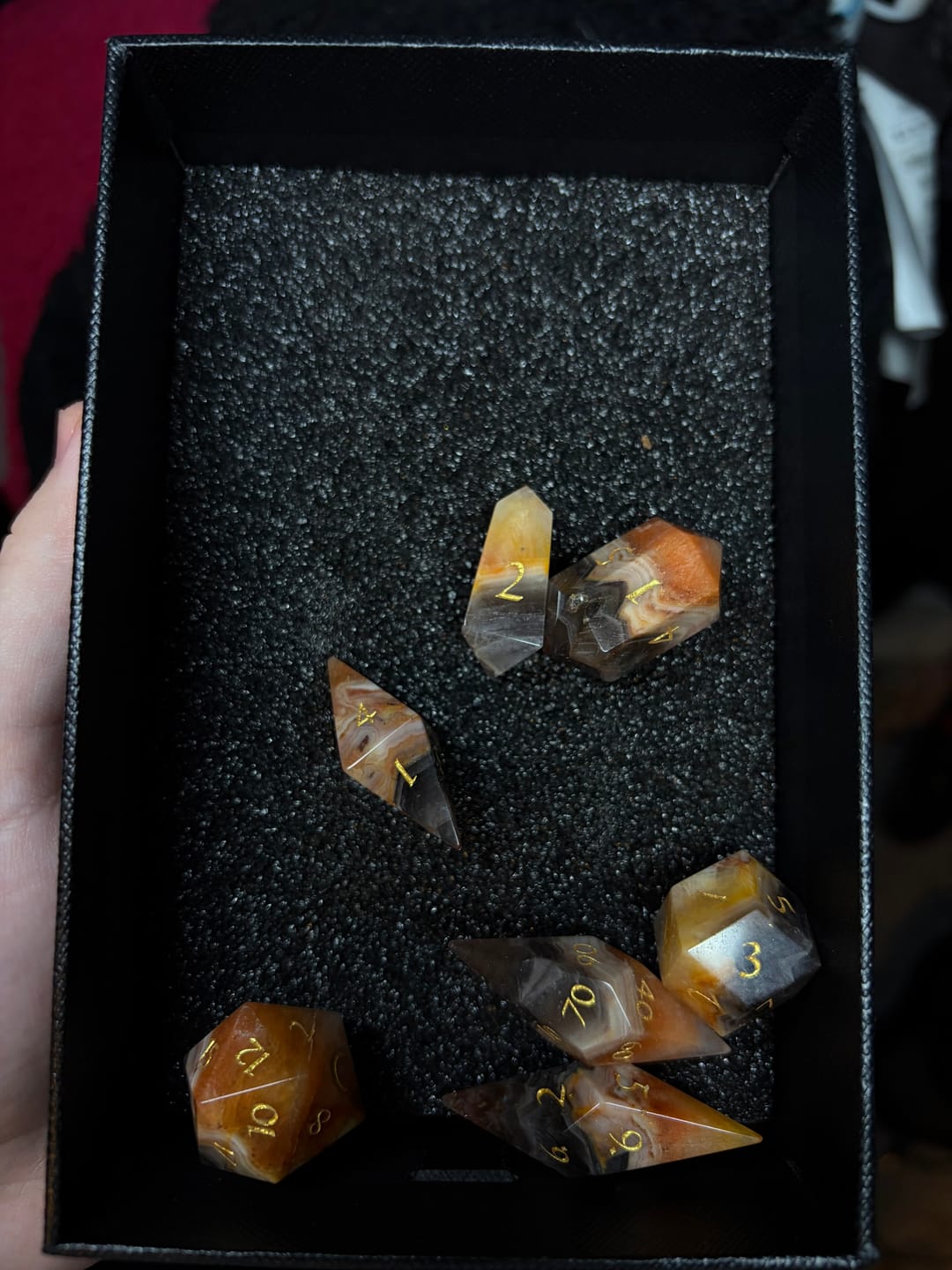 Customer photo review of URWizards D&D Super Seven Agate Dice Set Crystal Shape