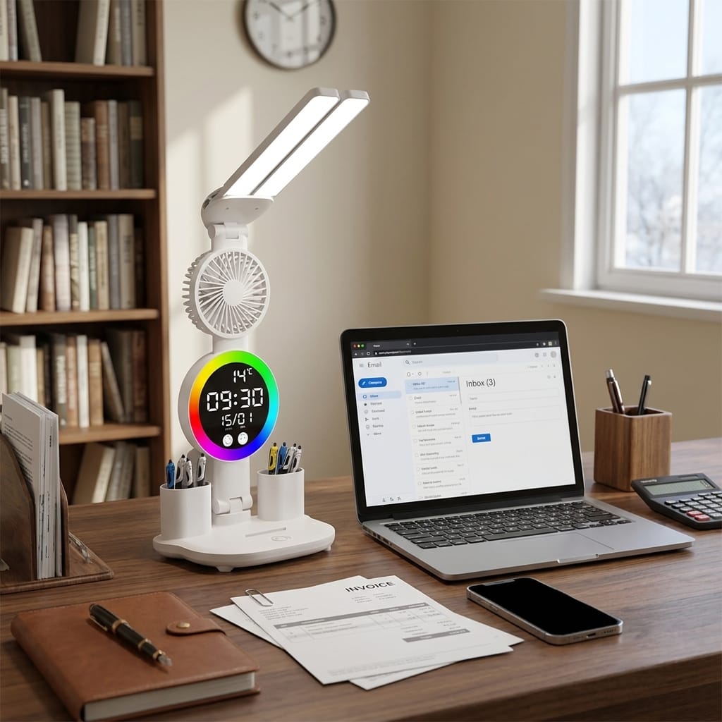Customer photo review of Brisaluz | Luz, Ventilador y Reloj en un solo producto para tu escritorio