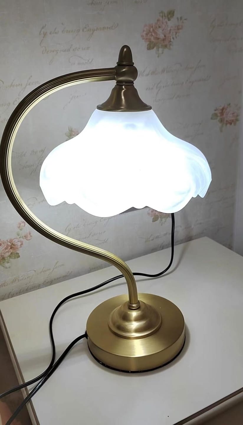 Customer photo review of Glass Table Lamp, Gold Brass Arm, Scalloped Frosted Shade, 42 cm