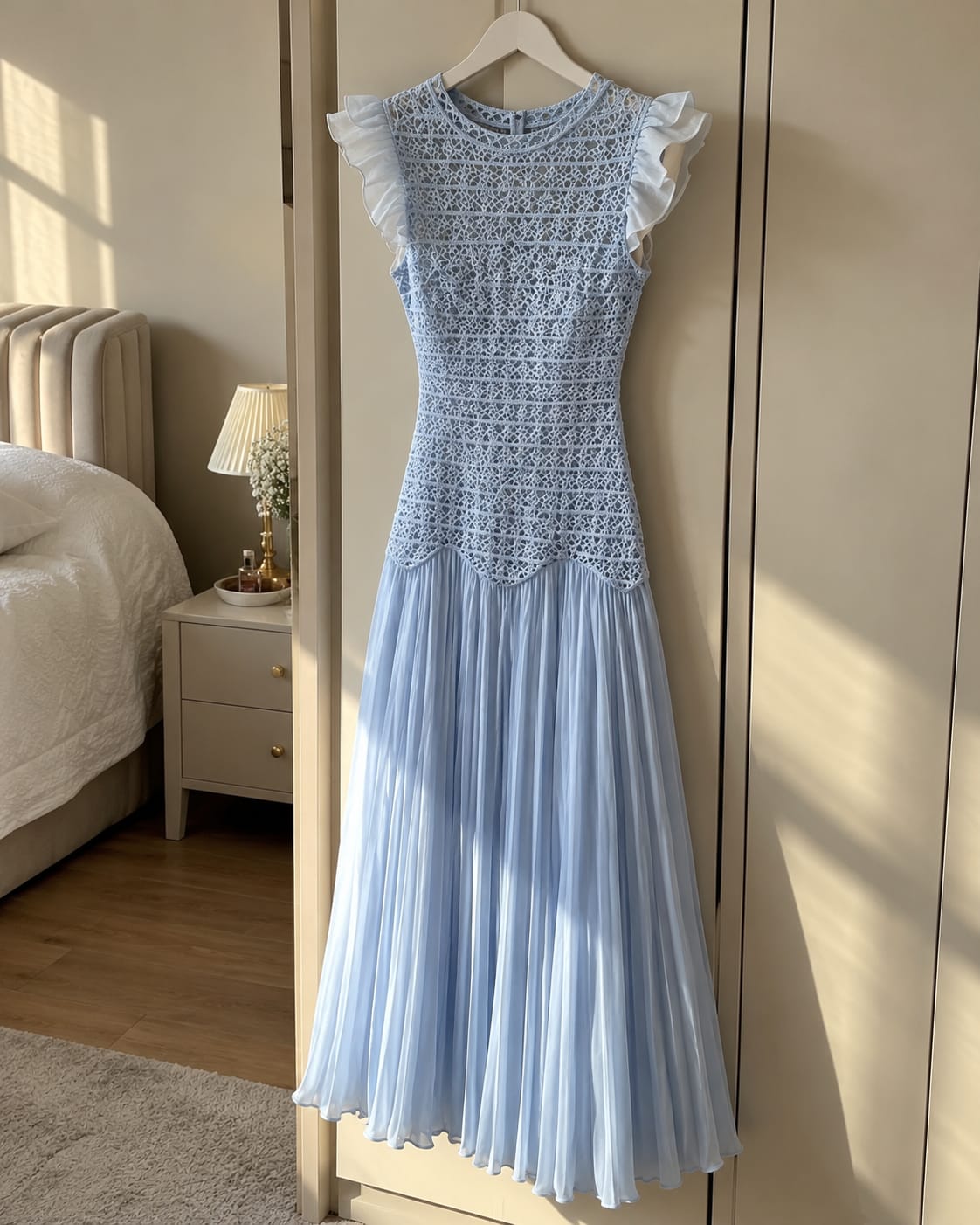 Customer photo review of Kadın Gök Mavisi Örgü Detaylı Uzun Elbise – Kolsuz, Fırfır Omuzlu, Tül Etekli Zarif Elbise