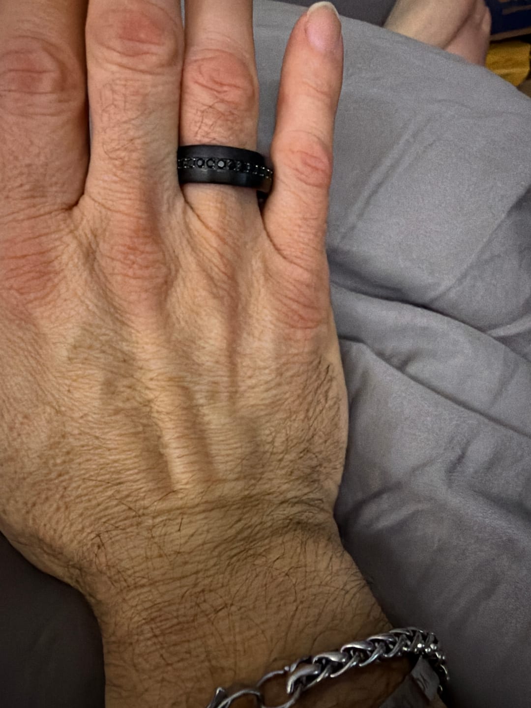 Customer photo review of 8mm Black Tungsten Wedding Band with Black Sapphires
