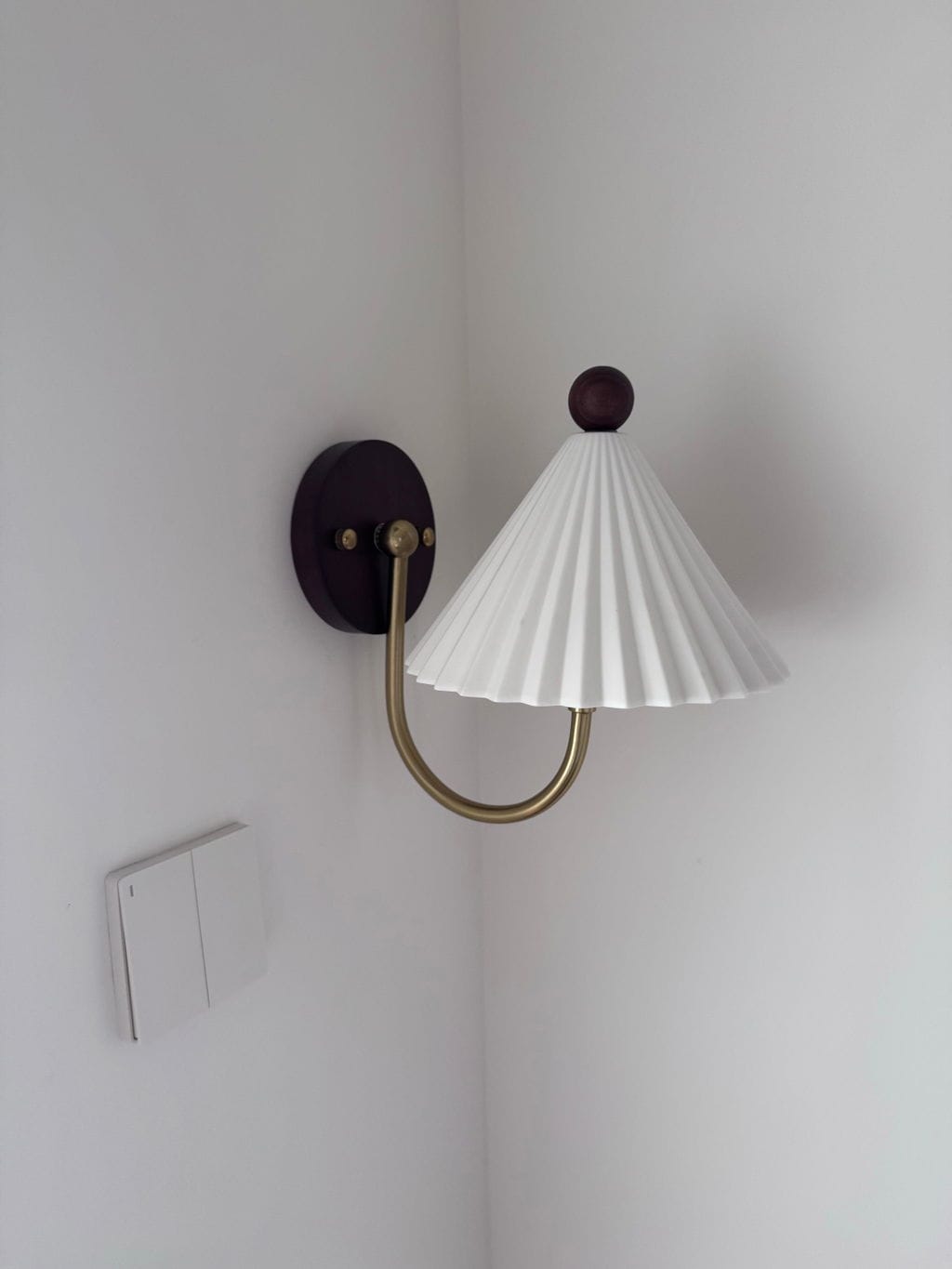 Customer photo review of Pleated Linen Wall Light, Curved Brass Arm, Ceramic Canopy