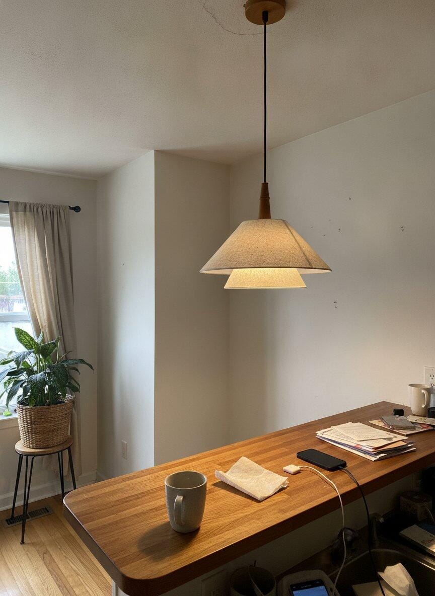 Customer photo review of Tapered Fabric Pendant Light, Walnut Wood Accent, 40 cm