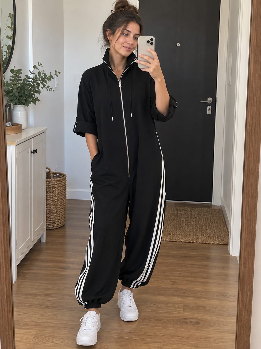 Customer photo review of Zipper Striped Pockets Elasticity Drawstring Contrast Color Buttoned Wide Leg Three-quarter Sleeves Stand Collar Jumpsuits