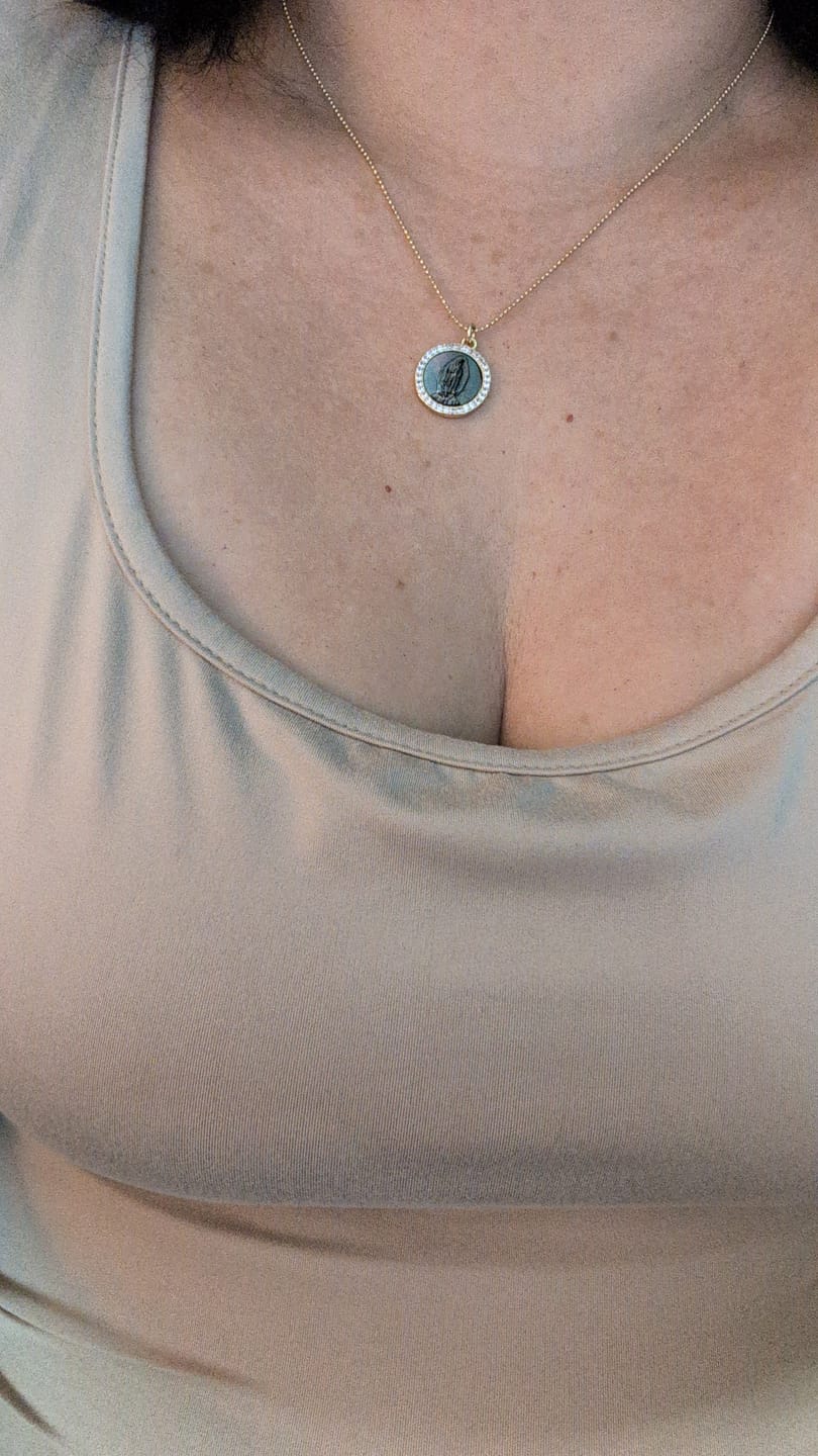Customer photo review of Petite Mother Mary Necklace - Black Pearl