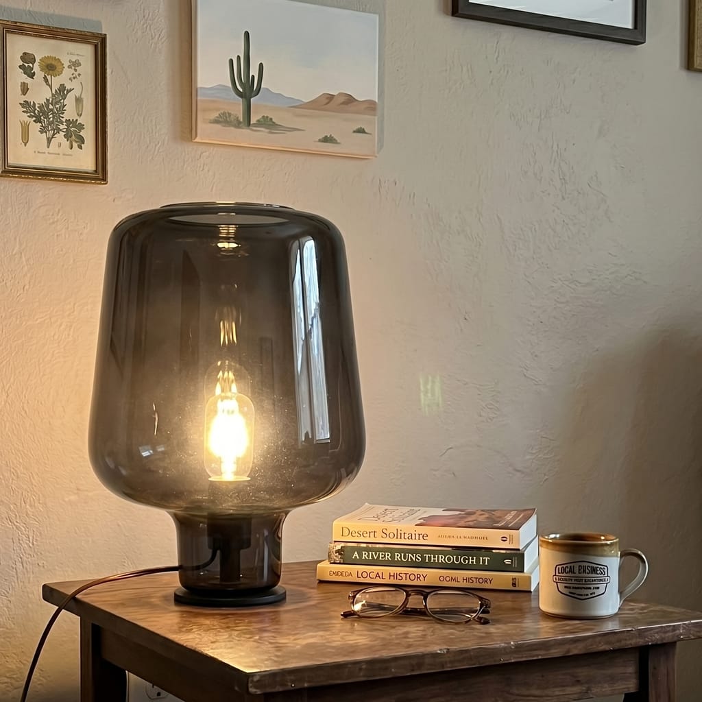Customer photo review of Smoke Grey Glass Table Lamp, Hand Blown, Plug In, 37 cm