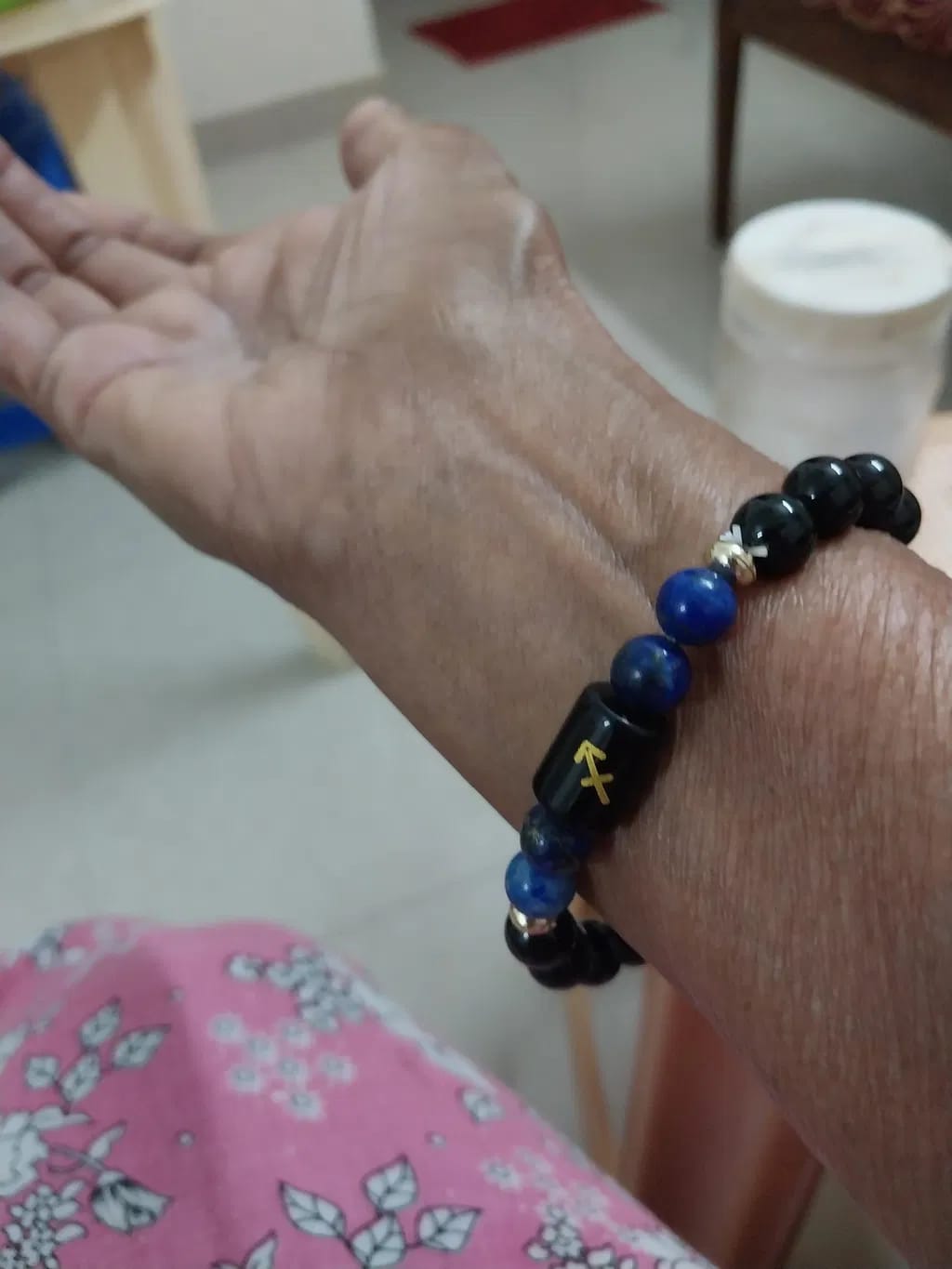 Customer photo review of Sagittarius (Dhanu Rashi) Zodiac Bracelet – Natural Black Obsidian & Lapis Lazuli