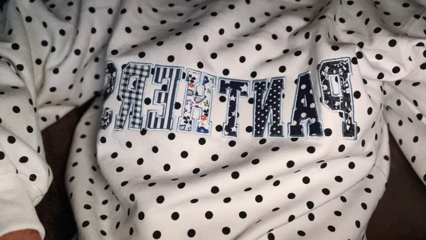 Customer photo review of Custom Patchwork Fabric Embroidered Polka Dot Sweatshirt Team and School Name Applique Varsity Letters | Game Day Wear