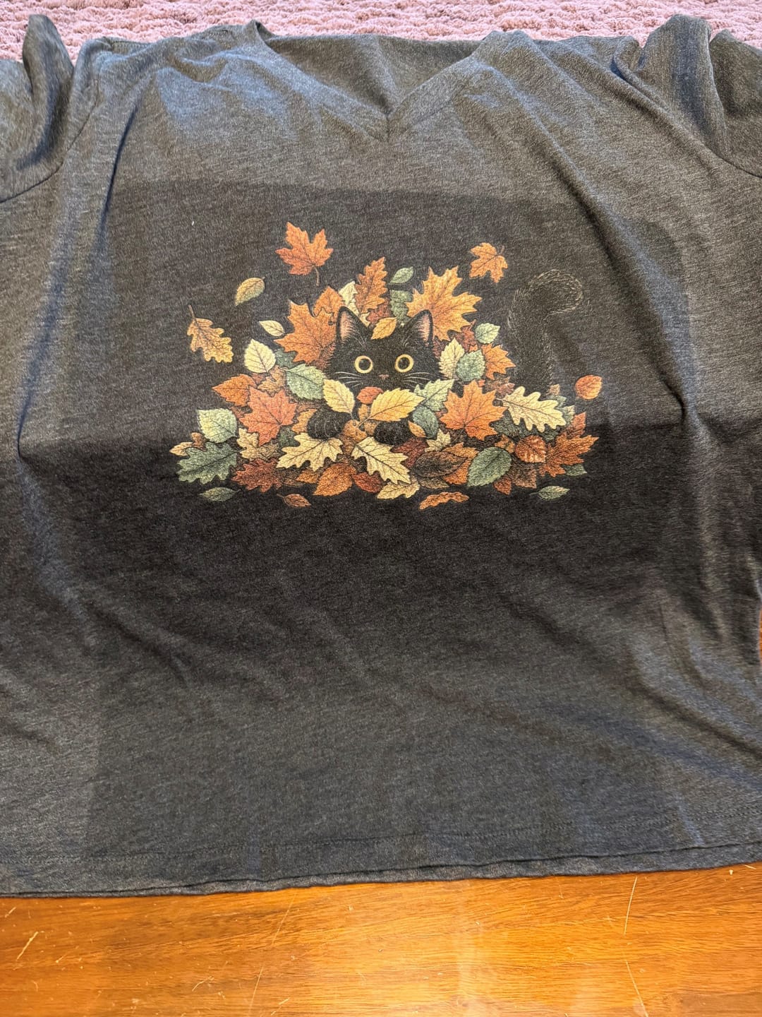 Customer photo review of Leaf Peeper Black Cat V-Neck T-Shirt