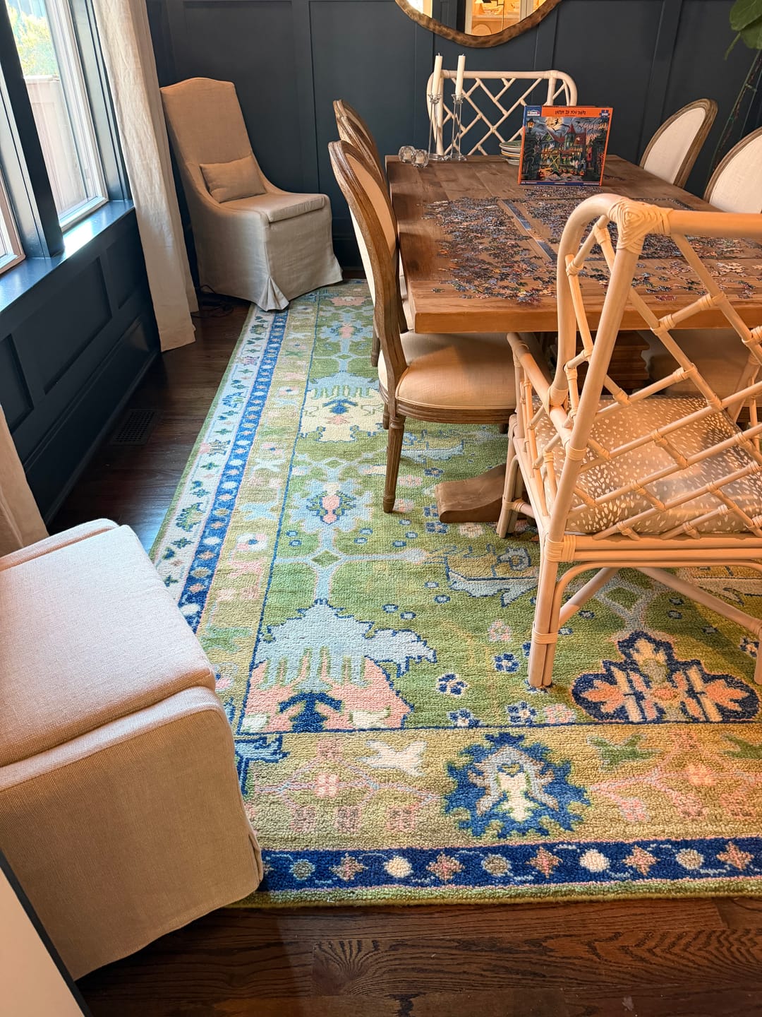 Customer photo review of Multi size Moss Green, Blue and Peach Hand Knotted Vibrant colorful Donegal Wool Rug