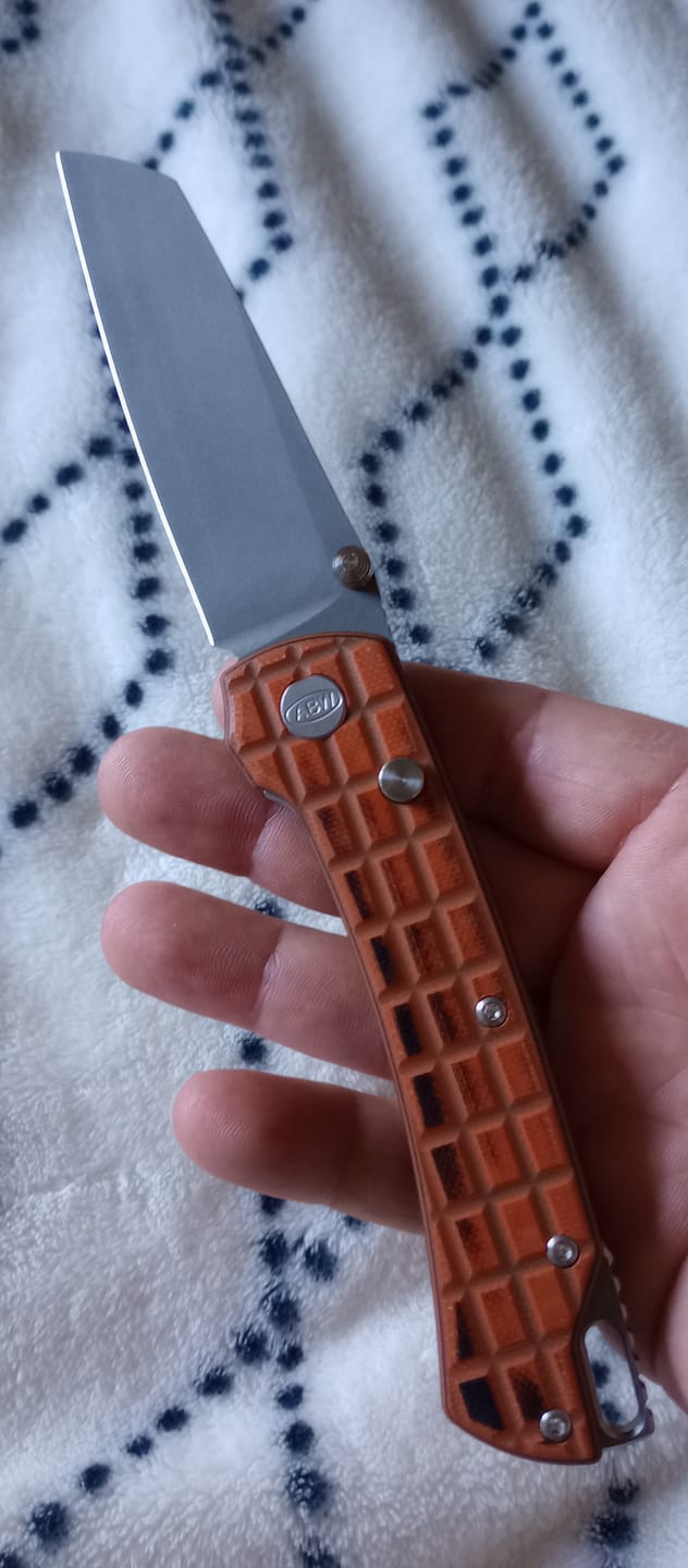 Customer photo review of ABW Model 3 Manual Folding Knife - Frag-Milled G10, 3.3" MagnaCut, Button Liner Lock - Made in USA (ABW-M3-G10-FRAG)