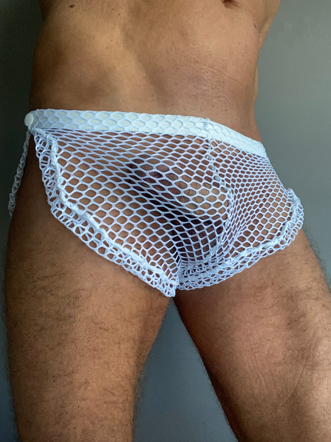 Customer photo review of 2 Pack Men's Mesh Breathable Button Side Opening Trunks