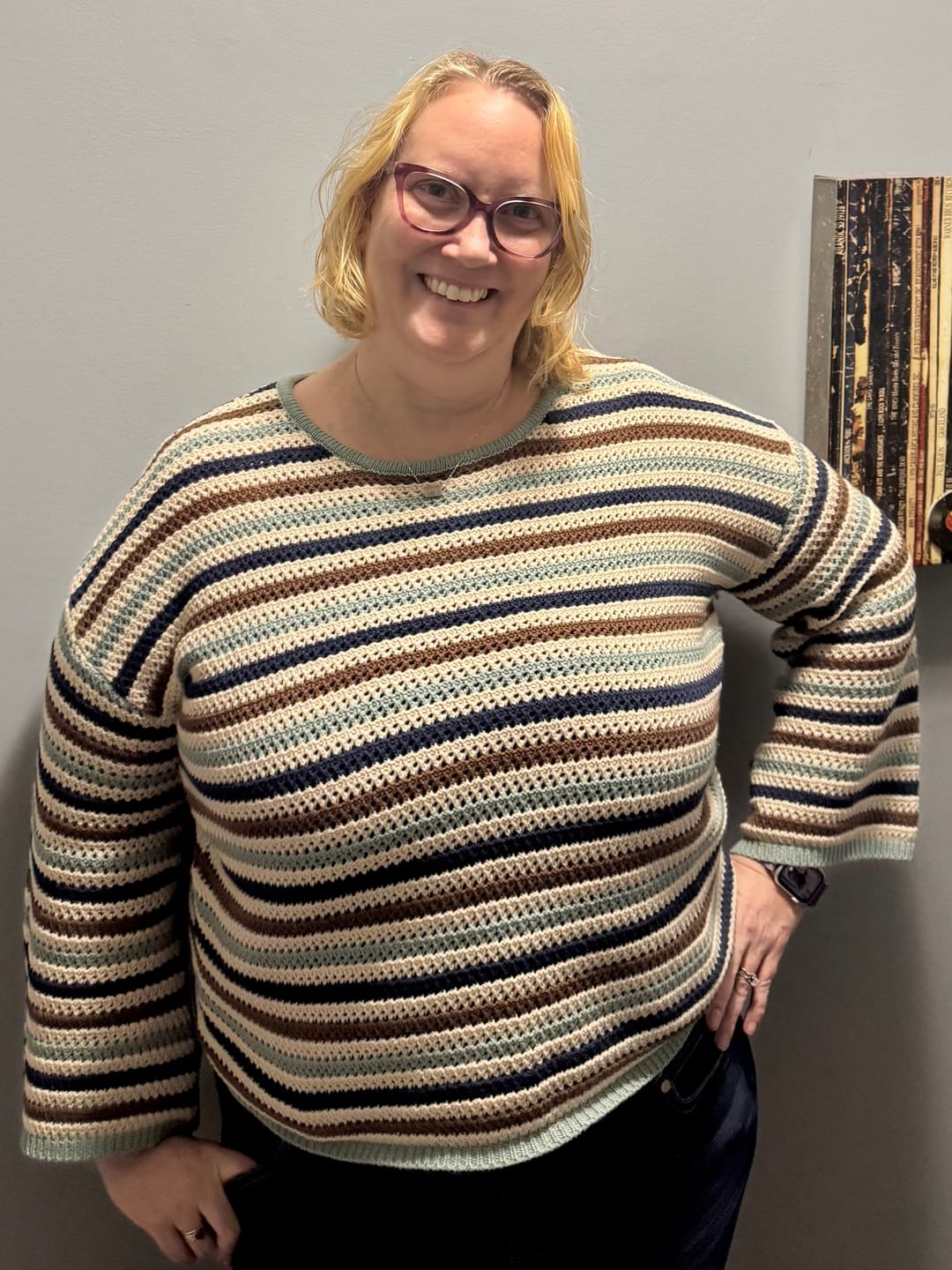 Customer photo review of Open Stitch Multi-Color Crew Neck Striped Sweater