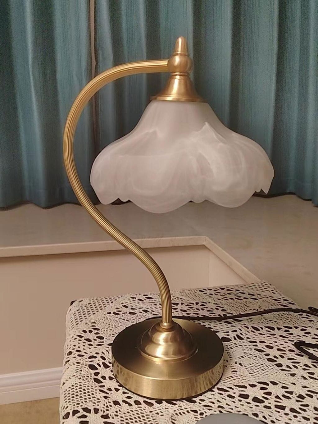 Customer photo review of Glass Table Lamp, Gold Brass Arm, Scalloped Frosted Shade, 42 cm