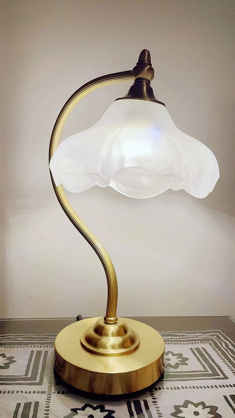 Customer photo review of Glass Table Lamp, Gold Brass Arm, Scalloped Frosted Shade, 42 cm