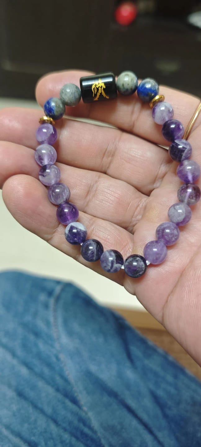 Customer photo review of Aquarius (Kumbh Rashi) Zodiac Bracelet – Natural Amethyst & Lapis Lazuli