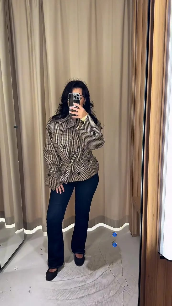 Customer photo review of Melissa Plaid Belted Trench Coat