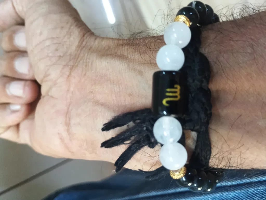 Customer photo review of Scorpio (Vrishchik Rashi) Zodiac Bracelet – Natural Black Obsidian & Milky Quartz