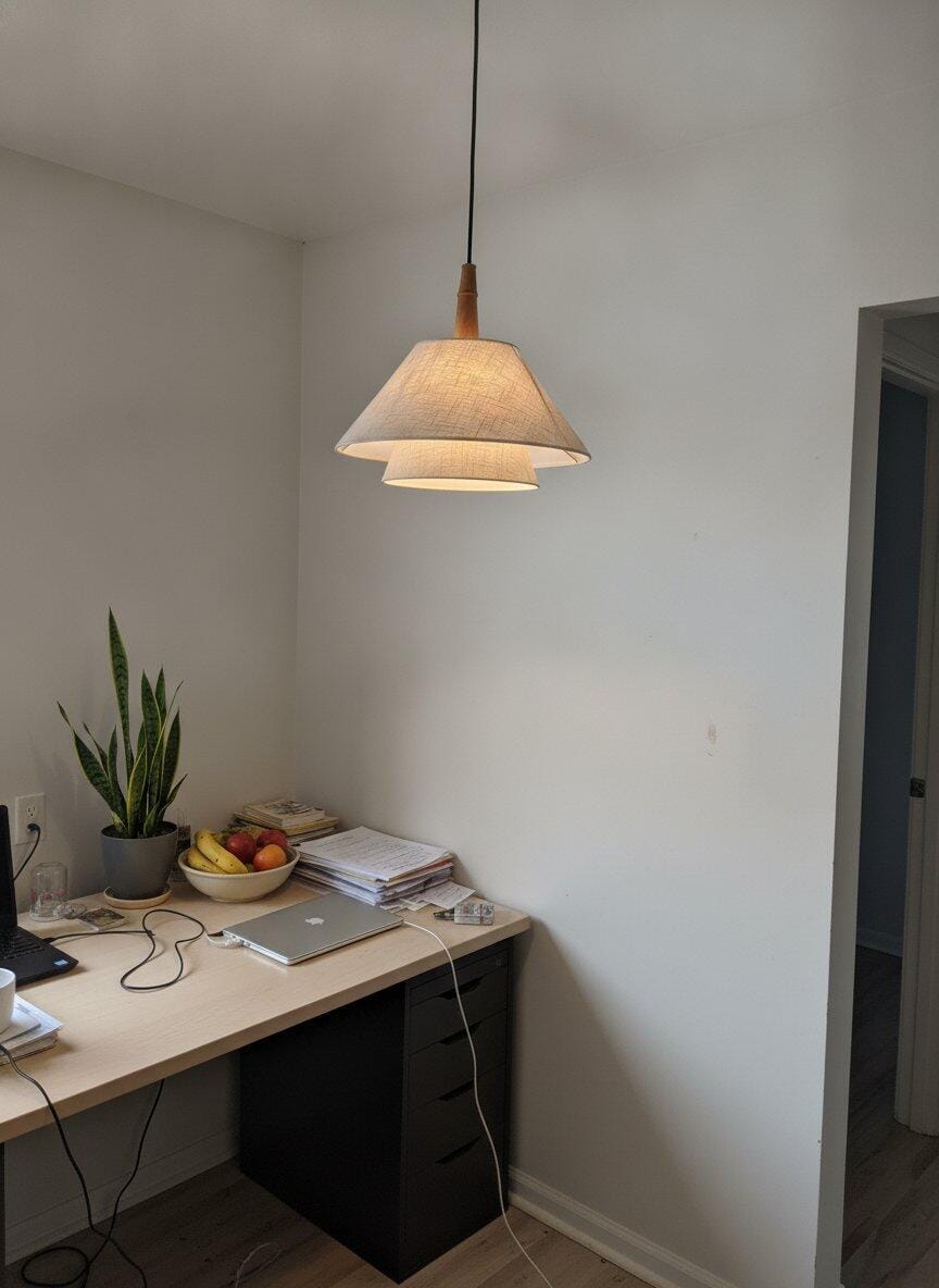 Customer photo review of Tapered Fabric Pendant Light, Walnut Wood Accent, 40 cm