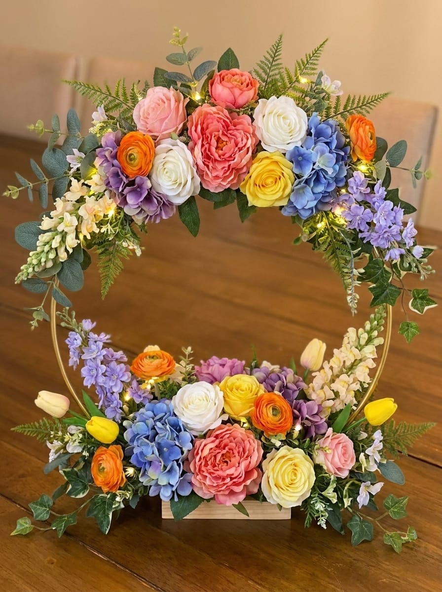 Customer photo review of 🌸 50% OFF! ✨ Gold-Tone Decorative Hoop with Wooden Stand – Customizable Table Centerpiece with LED String, Reusable Design for Flowers, Ribbon & Greenery – Elegant Iron & Pine Wood Craft for Events & Everyday Decor 🎀