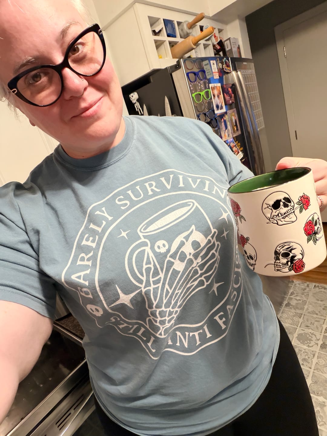Customer photo review of Barely Surviving Still Anti Fascist Coffee Tee