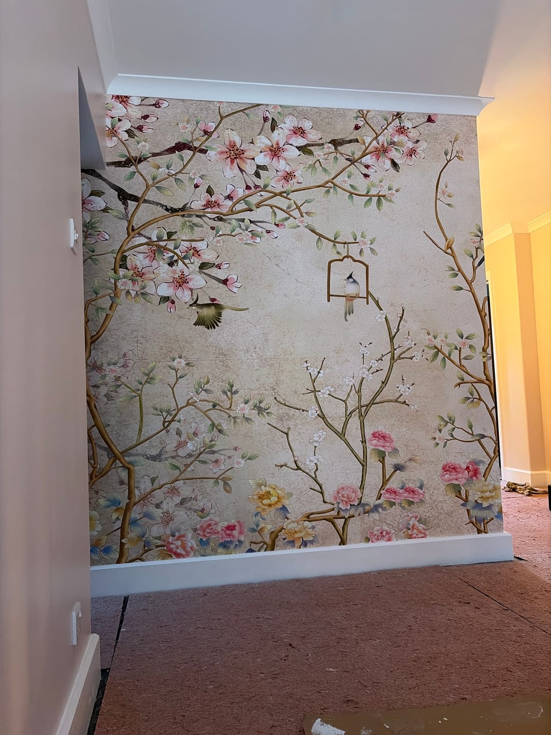 Customer photo review of Chisine Rose Gold - Gold & Pink Chinoiserie Branches & Birds Wallpaper Mural