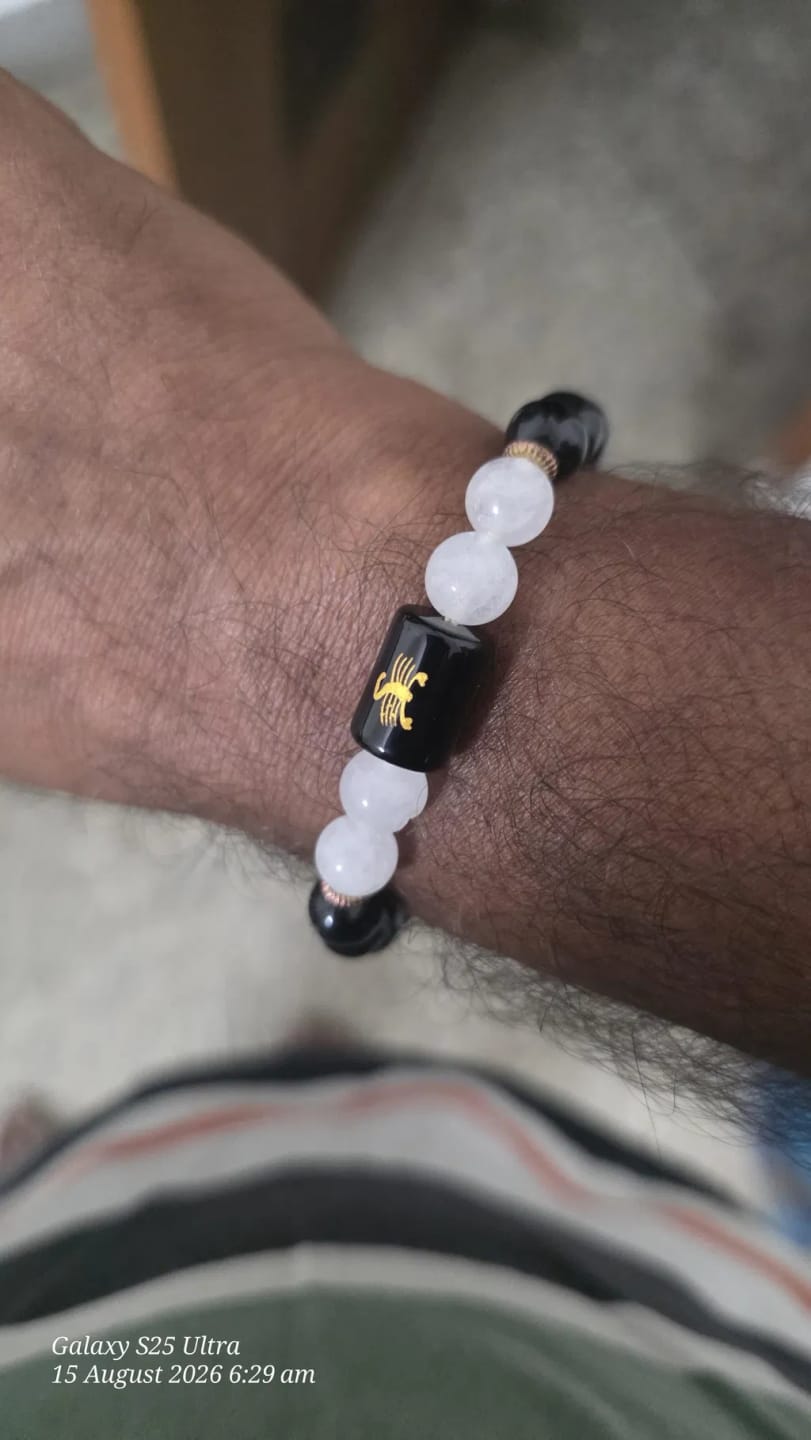 Customer photo review of Scorpio (Vrishchik Rashi) Zodiac Bracelet – Natural Black Obsidian & Milky Quartz