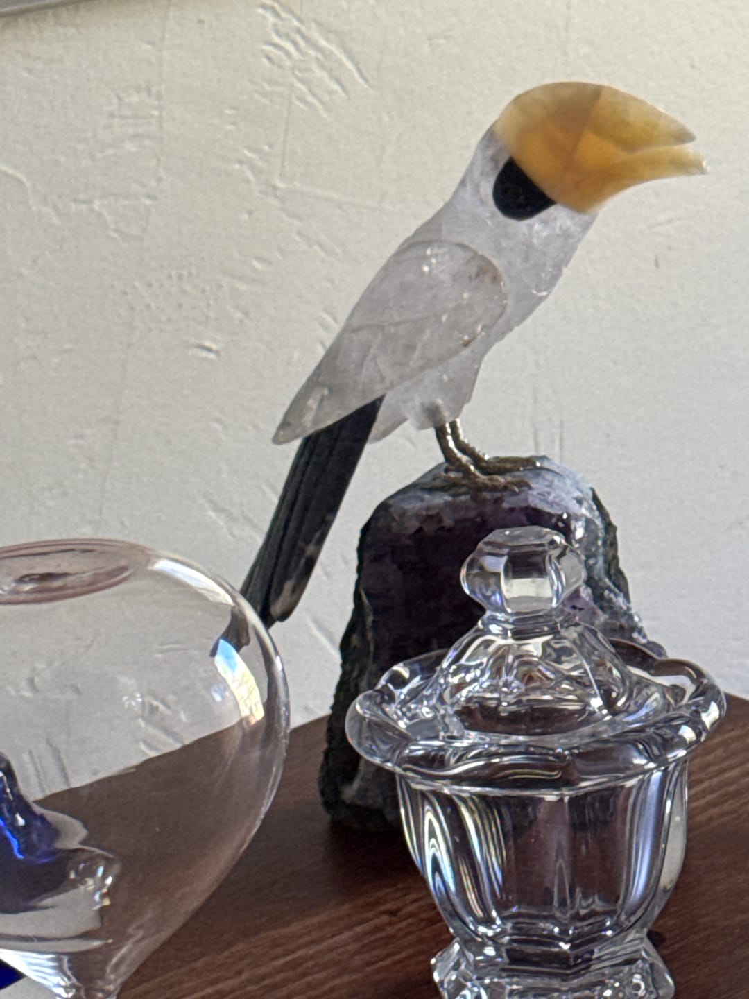 Customer photo review of Medium Plus Size Hand-Carved Clear Quartz Toucan 8.3” Long, Amethyst Base #3004-CQTAM-078