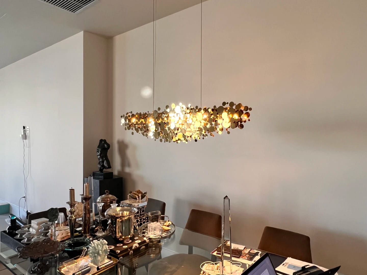 Customer photo review of Linear Chandelier, Cloud of Metallic Discs, Stainless Steel, 80–150 cm