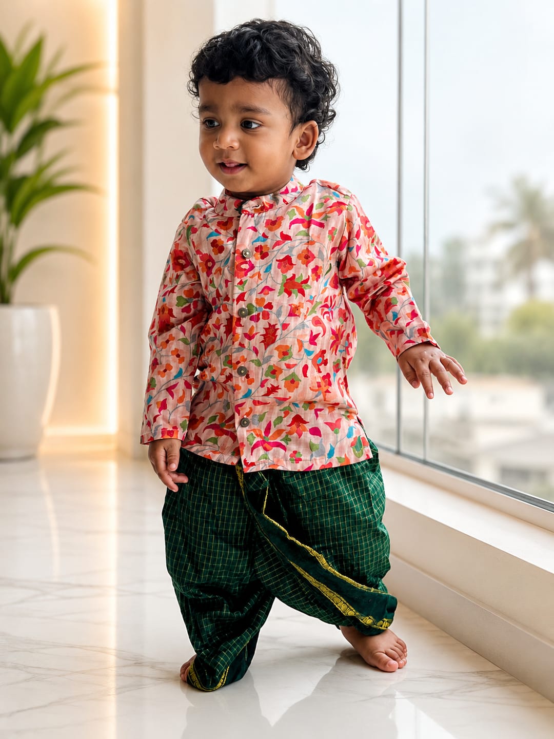 Customer photo review of Gulabi Paisley Light Pink Banarasi kurta with traditional Bottle green dhoti ethnic wear for baby boy