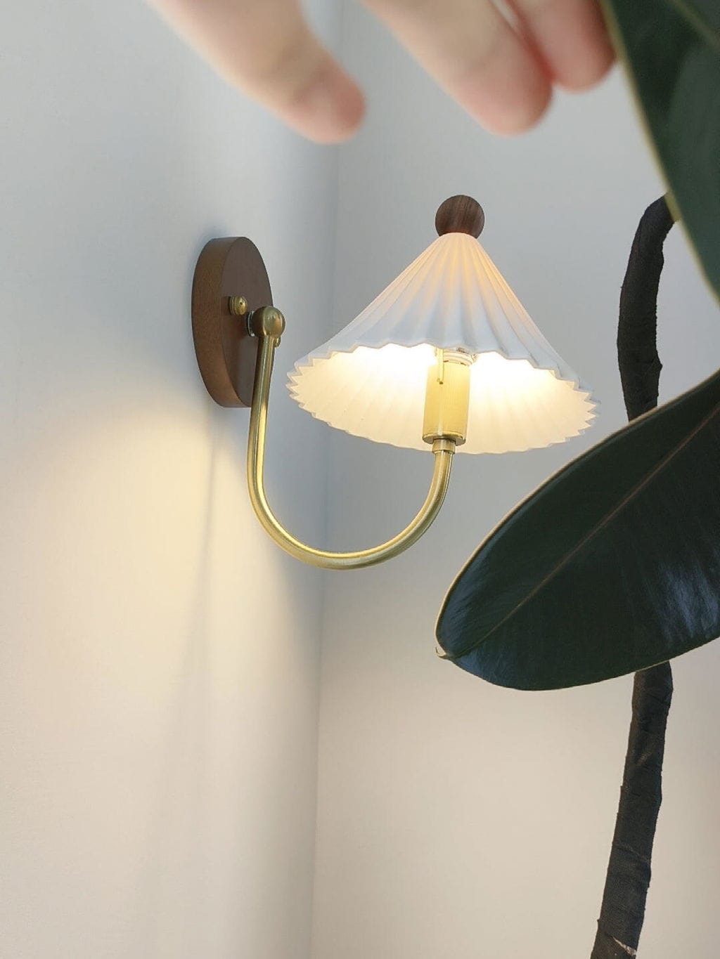 Customer photo review of Pleated Linen Wall Light, Curved Brass Arm, Ceramic Canopy