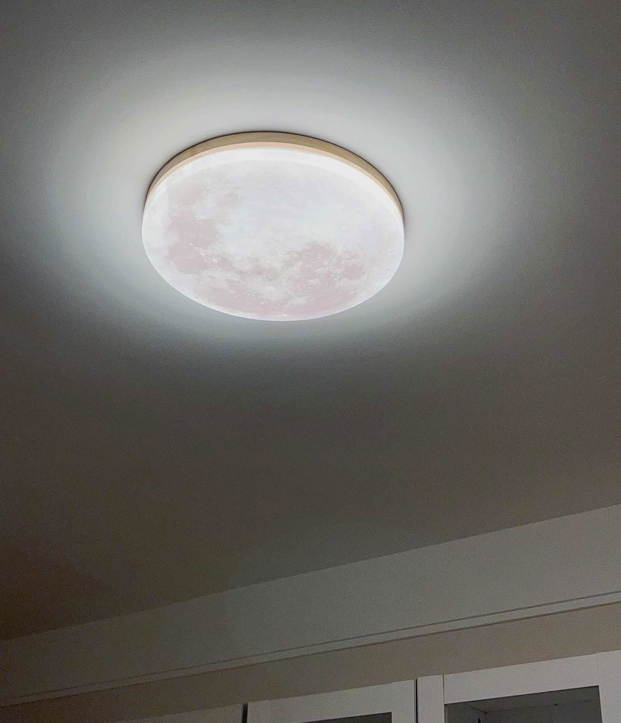 Customer photo review of Moon Ceiling Light | LED Flush Mount with Lunar Diffuser, Wood-Tone Rim | 10.2, 15 or 18.9 in, Dimmable Option