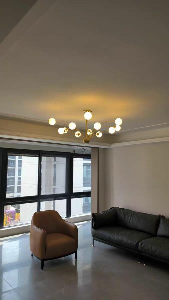Customer photo review of Brass Globe Chandelier, Milky White Glass, Branching Arms